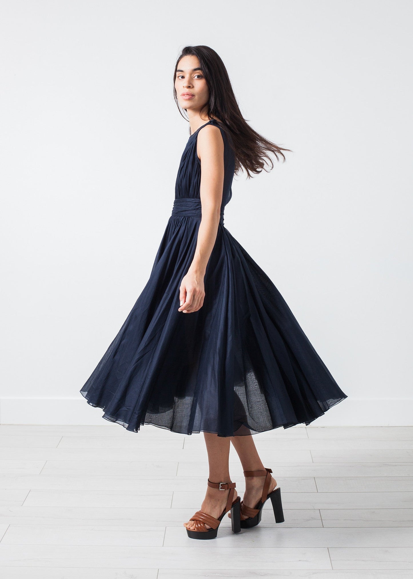 Voile V-Neck Dress in Navy